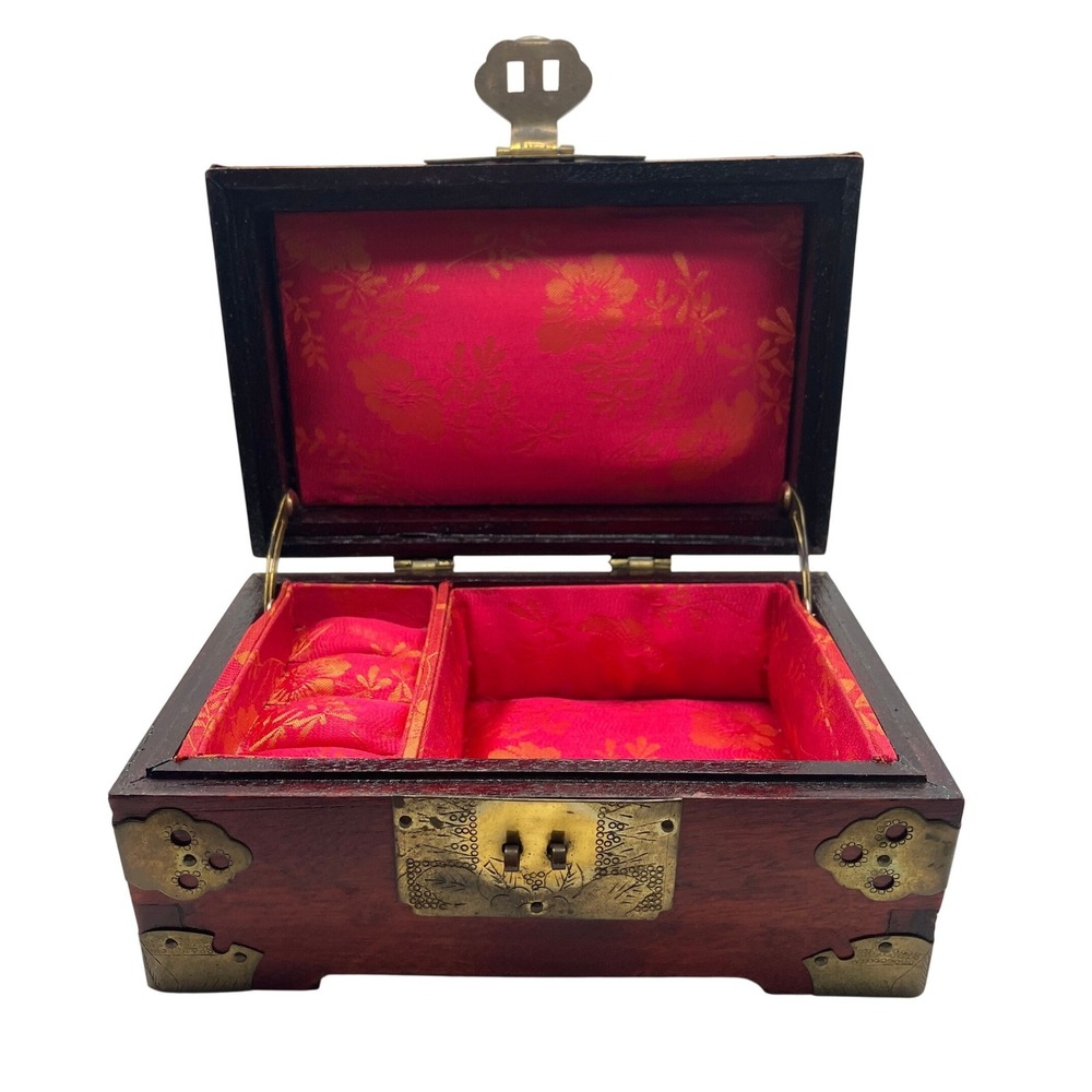 Vintage Chinese Jewelry Box 6.5x3 Red Wood Brass Jade Medallion Silk Lined Trunk